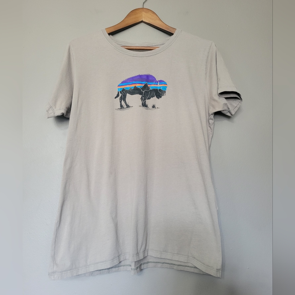 Patagonia Fitz Roy Bison Gravel Heather Organic Cotton T Shirt Mens Size L